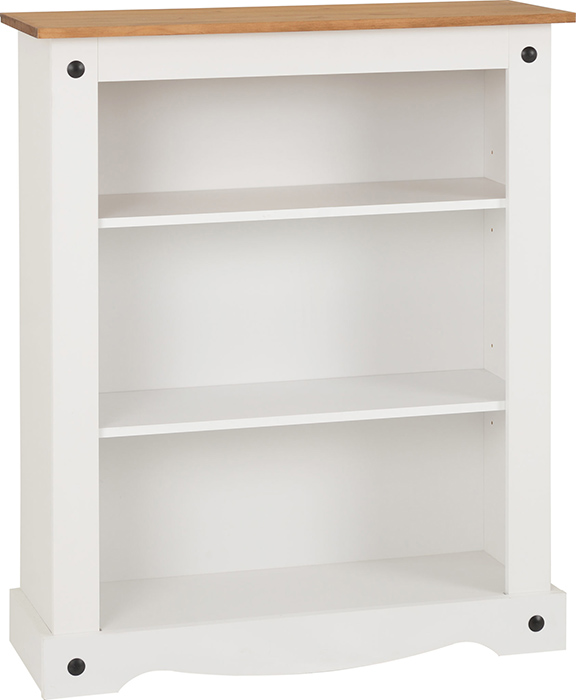 Corona Low Bookcase In White Distressed Pine - Click Image to Close
